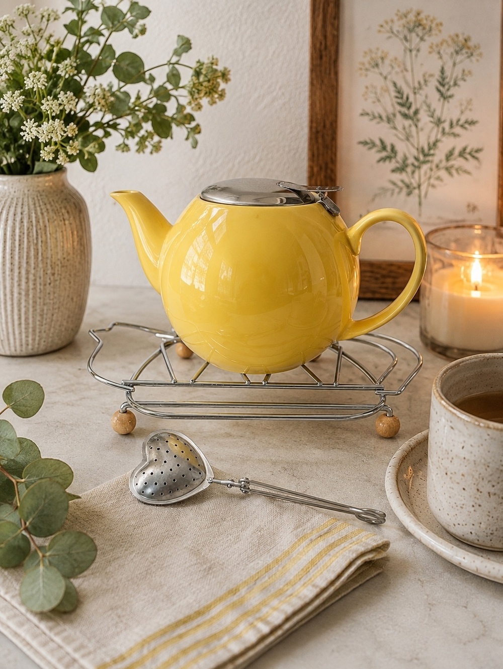 Yellow Ceramic Teapot w/ Stainless Lid, Teapot Trivet, Heart Tea Infuser SET
